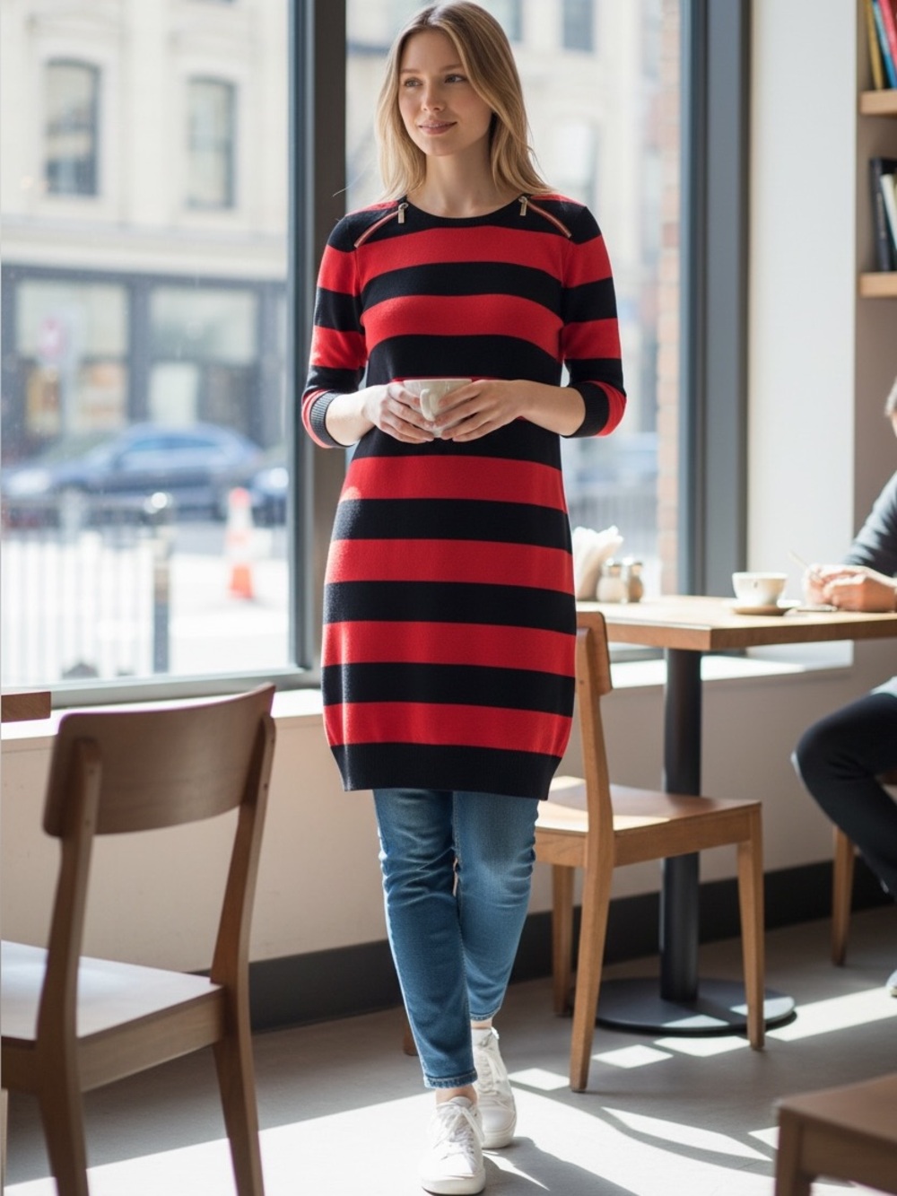 Michael Kors Red and Black Striped Zip-Accent sweater Knit Dress